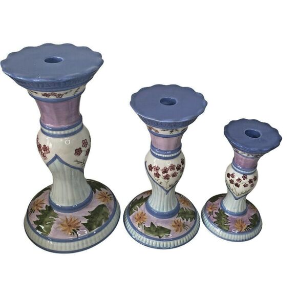 Capriware 3-Piece Pillar Candleholder Set Blue Purple Floral Hand Painted VTG - Picture 7 of 12